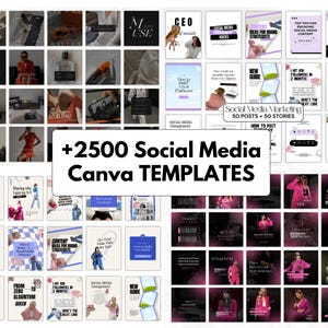 2500+ editable Canva social media templates bundle for coaches, entrepreneurs and small business owners including Instagram posts, carousel templates, TikTok video templates, Pinterest pins, Facebook marketing graphics, reels, stories and professional branding designs