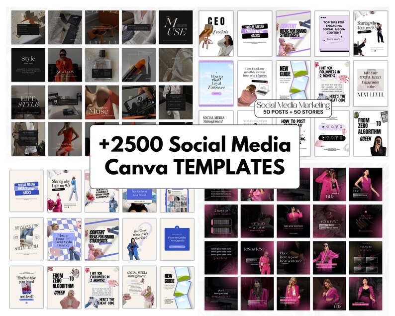 2500+ editable Canva social media templates bundle for coaches, entrepreneurs and small business owners including Instagram posts, carousel templates, TikTok video templates, Pinterest pins, Facebook marketing graphics, reels, stories and professional branding designs