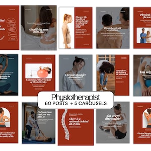May include: A series of social media posts on a reddish-brown background, advertising physiotherapy services. The posts include images of people receiving treatment, with text such as "Simplifying your daily life" and "Chronic shoulder discomfort?" The posts are branded "Physiotherapist".