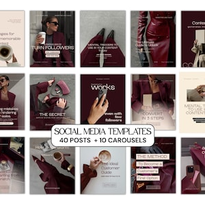 Può includere: Una collezione di modelli per social media nei toni del bordeaux e beige. I modelli presentano testi come "Strategie per creare contenuti memorabili" e "Trasforma i follower". L'immagine include 40 post e 10 caroselli.