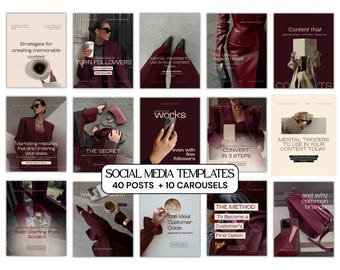 Burgundy Instagram Templates | Social Media Carousel Pack (Canva Editable, 40 Posts + 10 Carousels