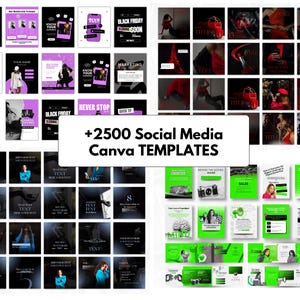2500+ editable Canva social media templates bundle for coaches, entrepreneurs and small business owners including Instagram posts, carousel templates, TikTok video templates, Pinterest pins, Facebook marketing graphics, reels, stories and professional branding designs