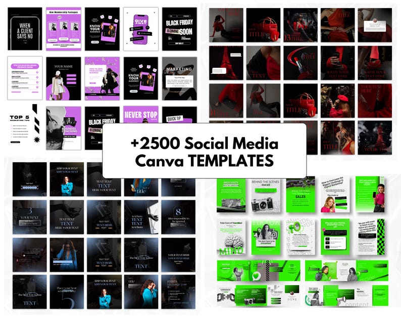 2500+ editable Canva social media templates bundle for coaches, entrepreneurs and small business owners including Instagram posts, carousel templates, TikTok video templates, Pinterest pins, Facebook marketing graphics, reels, stories and professional branding designs