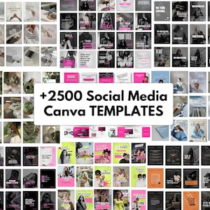 2500+ editable Canva social media templates bundle for coaches, entrepreneurs and small business owners including Instagram posts, carousel templates, TikTok video templates, Pinterest pins, Facebook marketing graphics, reels, stories and professional branding designs