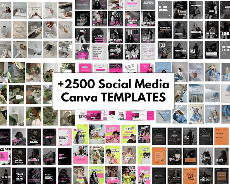 2500+ editable Canva social media templates bundle for coaches, entrepreneurs and small business owners including Instagram posts, carousel templates, TikTok video templates, Pinterest pins, Facebook marketing graphics, reels, stories and professional branding designs
