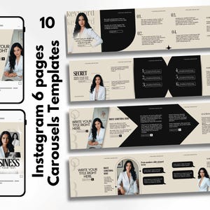 Può includere: Modelli di carosello Instagram per il marketing digitale. Il design presenta una donna in blazer bianco, con testi come "Write Your Title Right Here" e "Business". I modelli utilizzano una palette di colori neutri con accenti neri.