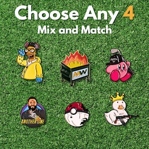 May include: Six enamel pins featuring various pop culture characters and objects, including a yellow character in a hazmat suit, a dumpster fire with MW text, a pink character with a golf club, a man with the text ANOTHER ONE, a ball, and a duck with a crown.
