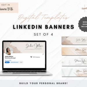 Puede incluir: Conjunto de cuatro plantillas de banner de LinkedIn personalizables con una paleta de colores neutros y elementos de diseño abstracto. Las plantillas presentan un aspecto profesional con espacio para una foto de perfil, un nombre, un puesto de trabajo y un nombre de empresa. El texto de la imagen dice "Plantillas digitales Banners de LinkedIn Conjunto de 4 ¡Construye tu marca personal!"