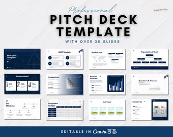 May include: A professional pitch deck template with over 30 slides. The design features a navy blue and white color scheme. Slides include SWOT analysis, business model, revenue forecast, and contact information. The template is editable in Canva.