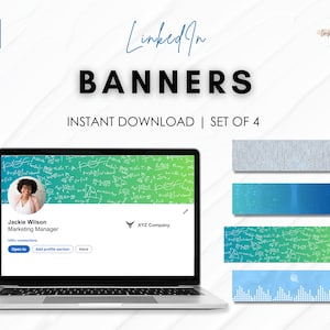 May include: A set of four LinkedIn banner templates for a professional profile. The banners feature a variety of designs, including a green and blue gradient with white mathematical equations, a blue gradient, a white and gray pattern, and a blue gradient with white sound waves.