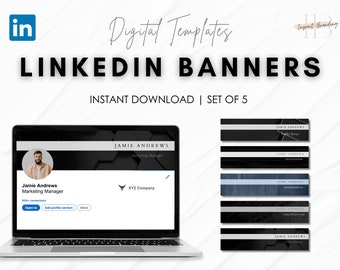 May include: A set of five customizable LinkedIn banner templates for a professional profile. The banners feature a variety of modern designs with black, white, and gray color schemes. The text "Jamie Andrews" is included on each banner.