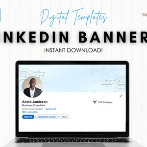 May include: A blue and white LinkedIn banner template with a digital design. The banner features a profile picture of a man, his name, job title, location, and a call to action to add a profile section. The text "Instant Download!" is displayed above the banner.