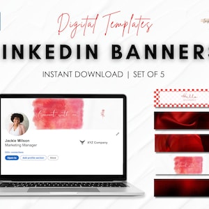 以下が含まれることがあります： ソーシャルメディア用の赤と白のLinkedInバナーテンプレート5個セット。テンプレートは、水彩画の背景、赤いシルク生地、赤いバラ、市松模様など、さまざまなデザインを採用しています。テンプレートの1つに「Hello」というテキストが表示されています。