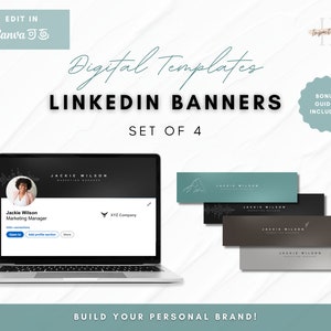May include: Set of four LinkedIn banner templates for a professional profile. The banners feature a black background with white text, a teal background with white text, a brown background with gold text, and a grey background with white text. The text on the banners reads "Jackie Wilson, Marketing Manager".