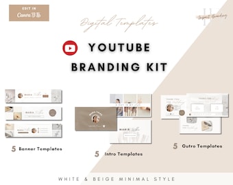 Minimalist YouTube Branding Kit | Beige Banners, Intros, Outros (Canva Templates)