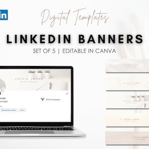 Peut inclure: Ensemble de cinq modèles de bannières LinkedIn modifiables dans Canva. Les bannières présentent un design minimaliste avec une palette de couleurs neutres et des textures subtiles. Chaque bannière comprend le texte "Jackie James" et "Project Manager".