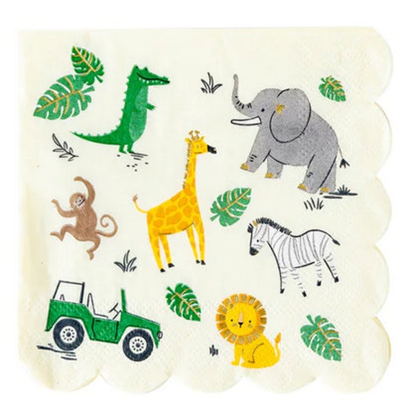 Scattered Safari Paper Cocktail Napkin 5" 8ct | Safari Party Decor | Wild One Birthday | Animal Party Napkins | Safari and Zoo Theme Party |