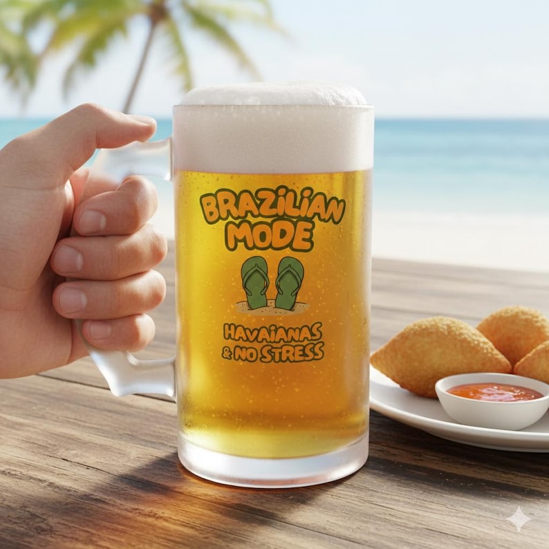 Brazilian Mode Beer Mug – Havaianas No Stress Frosted Glass (16oz) image 1