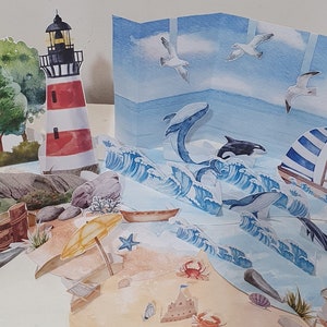 Costruisci una spiaggia, diorama da spiaggia stampabile, set da gioco oceanico, scena di carta, lavoretti di carta per bambini, fai da te, gioco di finzione, pupazzi di animali, animali marini