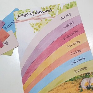 Pu&ograve; includere: Un grafico a colori arcobaleno con i giorni della settimana scritti su ogni striscia colorata. Il grafico &egrave; intitolato "Days of the week".