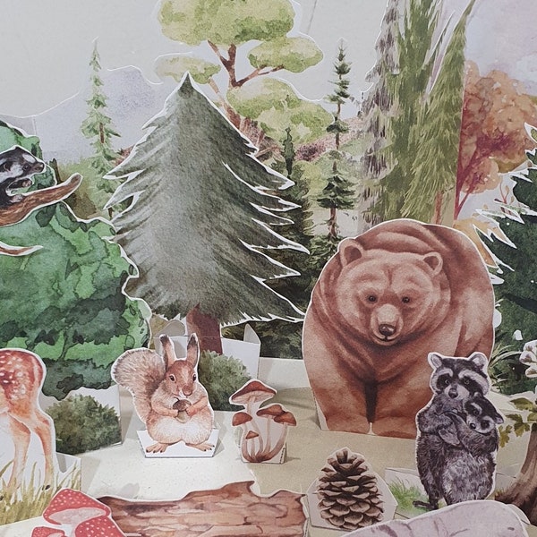 Construya un bosque, diorama de bosque imprimible, juego de juegos de bosque, escena de papel, artesanía de papel para niños DIY, juego de simulación, títeres de animales del bosque