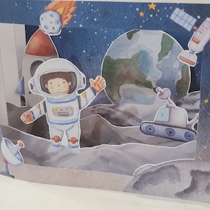 Weltraum Abenteuer Pop-up druckbare Grußkarte, Grußkarte, Weltraum-Szene erstellen, DIY-Kid-Papiermodell, Puppentheater, Planeten Mond Erde-Dekor