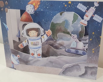 Space Adventure Pop up Printable, Greeting Card, Build an Outer Space Scene, DIY Kid Paper Craft, Puppet Theater, Planets Moon Earth Decor
