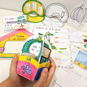 May include: A collection of colourful paper crafts focused on plants, including a pop-up cactus, a greenhouse frame, and information sheets about plant parts and life cycles. The crafts feature handwritten text.