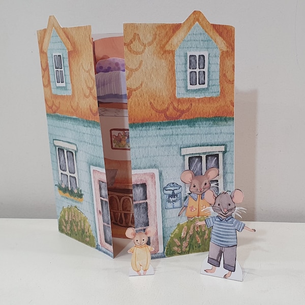 Libro stampabile e attivo della casa delle bambole del topo, bambole di carta, casa delle bambole di carta, lavoretti fai da te per bambini, pupazzi di animali, set da gioco per bambole del topo, kit per casa delle bambole