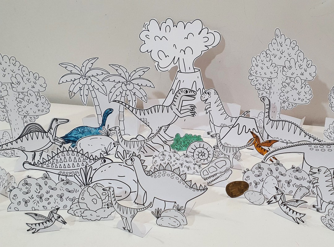 Dinosaur Coloring Diorama, Printable Diorama, Dinosaur Play Set, DIY ...