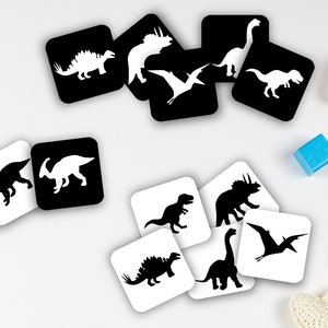 Dinosaurier Silhouette passende Karten, druckbare Spiele, Kleinkind Matching, Naturbildung, Lernen zu Hause, Assoziationen, minimalistisches Spielzeug