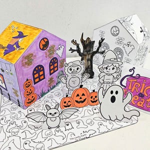 Halloween Papierhaus Färbung Set, 3D Spukhaus, gruselige Papiermodelle, bedruckbares Papierhaus, DIY Kinder Papierspielzeug, Kinder Herbst Handwerk