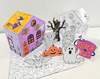 Halloween Paper House Coloring Set, 3D Haunted House, Spooky Paper Crafts, Printable Paper House, DIY Kids Paper Toy, Kids Autumn Crafts