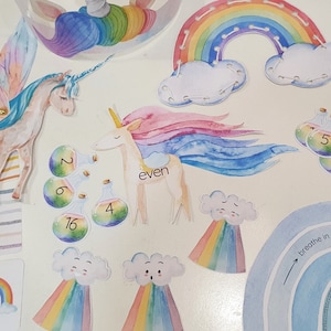 Paquete de actividades de arcoíris, set de manualidades de unicornio de papel, aprendizaje de emociones, canasta de primavera, diadema de unicornio, respiración consciente para niños