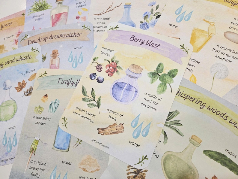 Tarjetas con recetas de pociones de hadas para la cocina de barro, tarjetas con pociones de hadas mágicas, juegos de rol al aire libre, juegos dramáticos, juegos al aire libre, juegos en la naturaleza, escuela forestal imagen 3