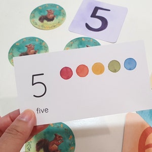 May include: A white card with the number 5 and the word "five" written on it. There are five colored dots in a row across the card: red, orange, yellow, green, and blue.
