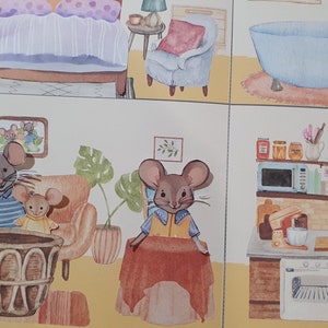 May include: A watercolor illustration of a house with four rooms. The rooms include a bedroom with a bed, a living room with a couch and a plant, a bathroom with a bathtub, and a kitchen with a microwave, oven, and a mixer.