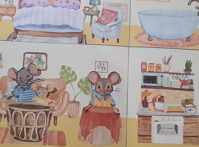 May include: A watercolor illustration of a house with four rooms. The rooms include a bedroom with a bed, a living room with a couch and a plant, a bathroom with a bathtub, and a kitchen with a microwave, oven, and a mixer.