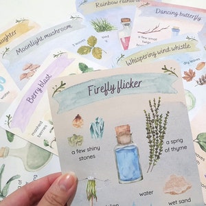 Cartões de receitas de cozinha de lama de poção de fada, cartões de poção mágica de fada, dramatização ao ar livre, dramatização, brincadeira ao ar livre, brincadeira na natureza, escola na floresta