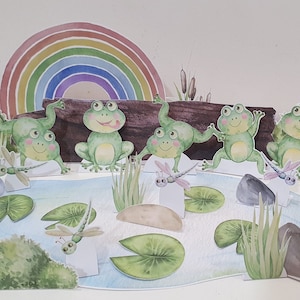 May include: Five green frogs with big eyes and smiles are sitting on a log in front of a rainbow. There are lily pads and dragonflies in a pond below the log.