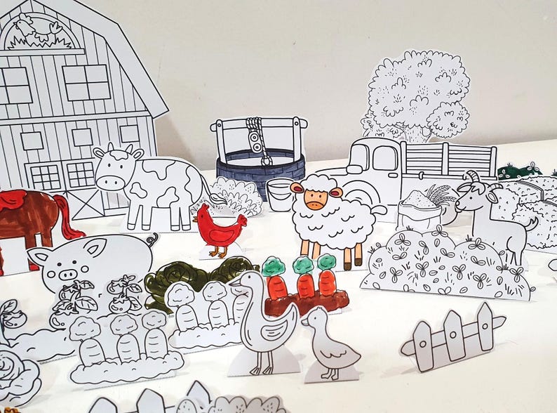 Farm Coloring Diorama, Printable Farm Diorama, Farm Playset, Paper Scene, Kids Paper Craft, DIY Paper Toy, Pretend Play, Farming Unit Study image 3