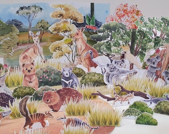 Build the Australian Habitat, Printable Bushland Diorama, Kangaroo and Koala Paper Puppets, Habitat Study, Paper Scene, DIY Kids Paper Craft