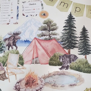 May include: A watercolor illustration of a campsite with a red tent, a campfire, a small pond, a moose, a bear, and several trees. The illustration includes a checklist for camping supplies and a sign that says "Check in".