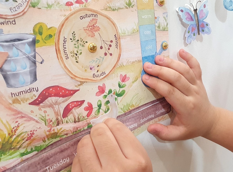 May include: A colorful educational chart with a wooden wheel featuring the four seasons: summer, autumn, winter, and spring. The chart also includes a thermometer with the words "hot", "warm", "cool", and "cold". There are also images of a bucket with raindrops, mushrooms, and a bird.
