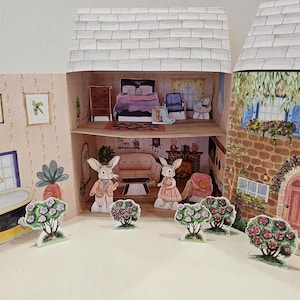 Casa delle bambole coniglio stampabile, casa di carta coniglietto, casa delle bambole di carta 3D, lavoretti fai da te per bambini in carta, pupazzi coniglietto pasquale, gioco di finzione, kit casa delle bambole