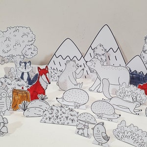 Diorama da colorare del bosco, diorama del bosco stampabile, set da gioco della foresta, artigianato fai da te per bambini con scena di carta, gioco di finzione della foresta, pupazzi di animali