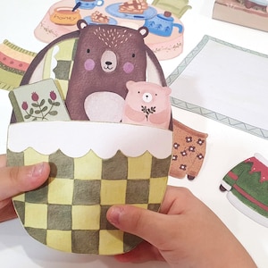 Bambola di carta orso stampabile, casa delle bambole di carta, fai da te per bambini, pupazzi di animali, set da gioco per bambola orso, kit per casa delle bambole, giocattolo stampabile per bambini
