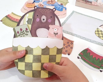 Poupée en papier ours à imprimer, maison de poupée en papier, créations artisanales en papier pour enfants, marionnettes animalières, ensemble de jeu pour poupée ours, maison de poupée en kit, jouet à imprimer pour enfants
