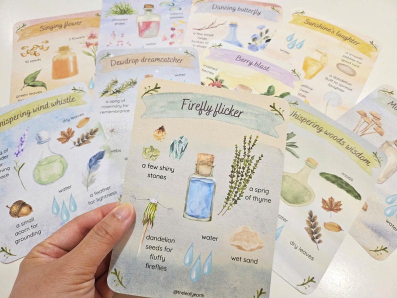 Tarjetas con recetas de pociones de hadas para la cocina de barro, tarjetas con pociones de hadas mágicas, juegos de rol al aire libre, juegos dramáticos, juegos al aire libre, juegos en la naturaleza, escuela forestal imagen 1