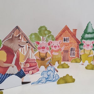 Ensemble de jeu à imprimer L'histoire des trois petits cochons, contes de fées, créations artisanales en papier pour enfants, comptine, marionnettes animalières, poupées en papier